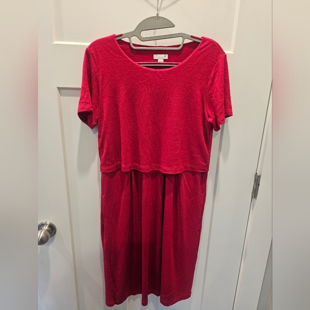 J.Jill Red Layered Knit Midi Dress XS — Soft Rayon Stretch Casual